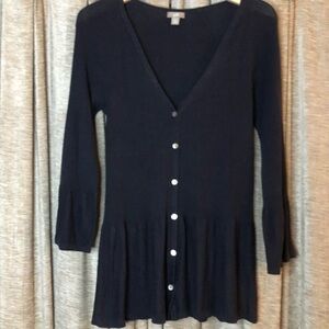 J Jill Blue Ruffle Bottom Ribbed Three Quarter Sleeve Silk Blend Cardigan Medium